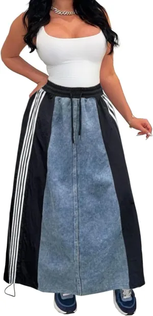 Women's High Waisted Maxi Long Denim Skirts Drawstring Contrast Stripes A Line Flowy Flare Jean Midi Skirt