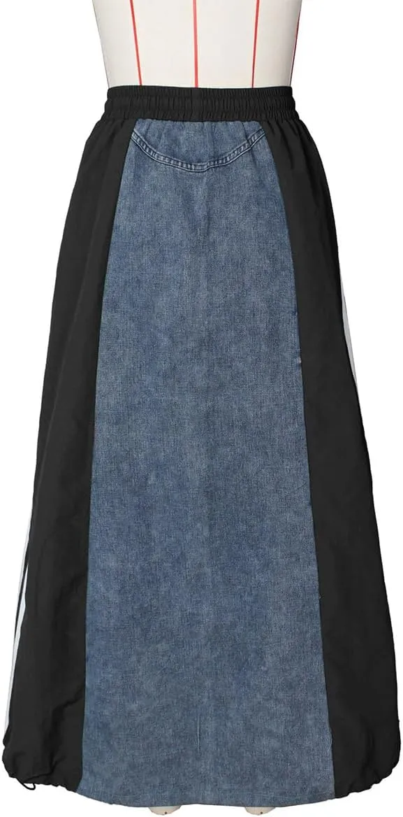 Women's High Waisted Maxi Long Denim Skirts Drawstring Contrast Stripes A Line Flowy Flare Jean Midi Skirt