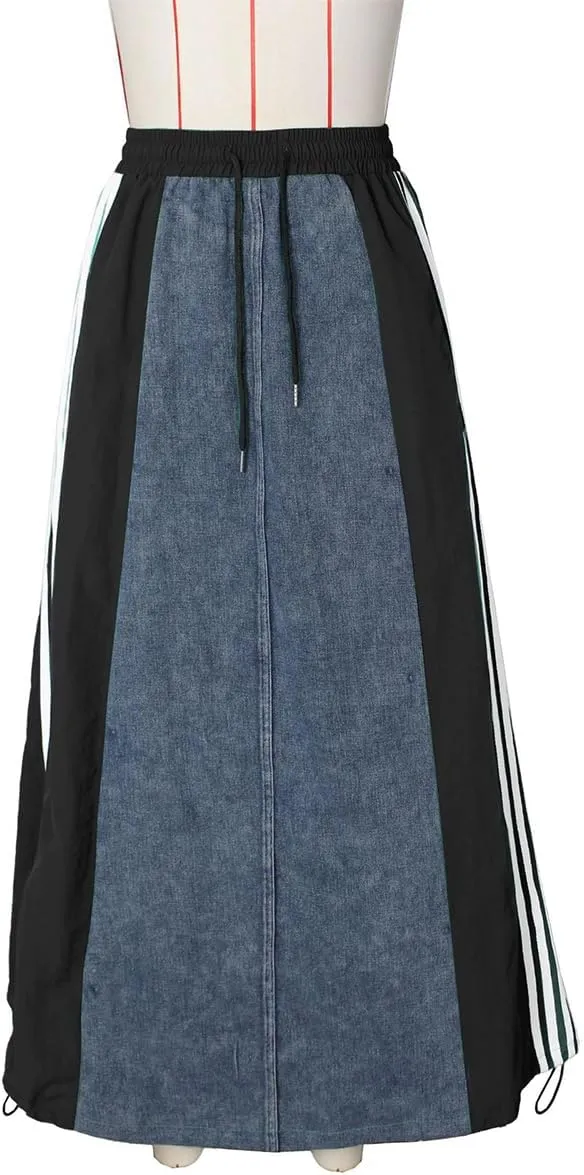 Women's High Waisted Maxi Long Denim Skirts Drawstring Contrast Stripes A Line Flowy Flare Jean Midi Skirt