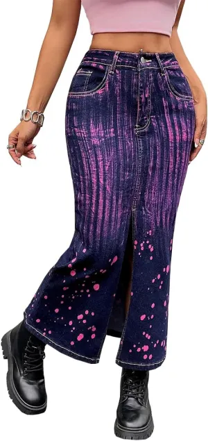 Women's High Waisted Maxi Long Denim Skirts Stretchy Slit Washed Tie Dye Skinny Butt Lifting Jean Midi Skirt,Purple1,XXL
