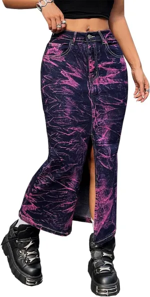 Women's High Waisted Maxi Long Denim Skirts Stretchy Slit Washed Tie Dye Skinny Butt Lifting Jean Midi Skirt,Purple2,XL