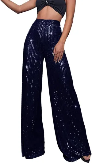 Women's Joggers Pants Pockets Women's High Waisted Sequin Loose Drape Wide Leg Pants Fashion Party Flared Trousers