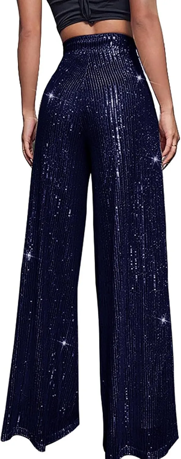 Women's Joggers Pants Pockets Women's High Waisted Sequin Loose Drape Wide Leg Pants Fashion Party Flared Trousers