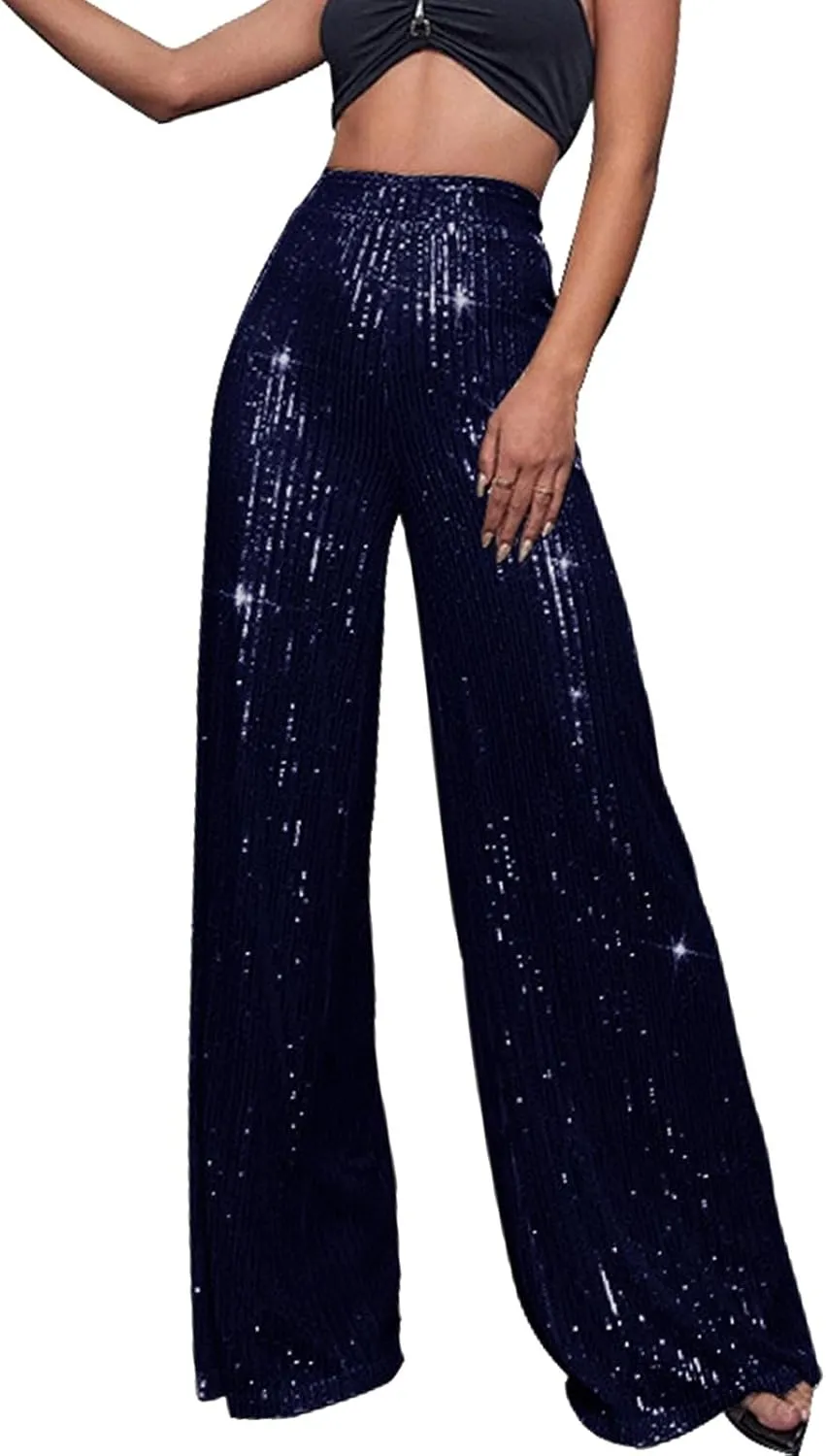 Women's Joggers Pants Pockets Women's High Waisted Sequin Loose Drape Wide Leg Pants Fashion Party Flared Trousers