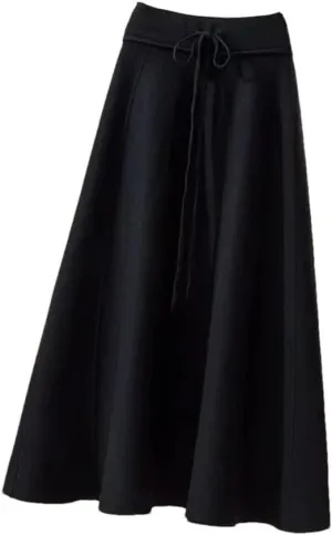 Women's Knitted Midi Skirts High Waist Pleated A Line Skirt Elegant Winter Lace Up Slim Casual Skirt