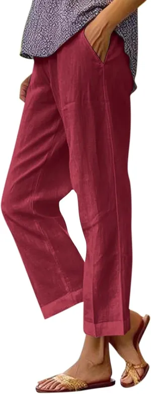 Womens Linen Cropped Pants High Waisted Summer Beach Pants Elastic Waist Tapered Pants Casual Ankle Length Trousers