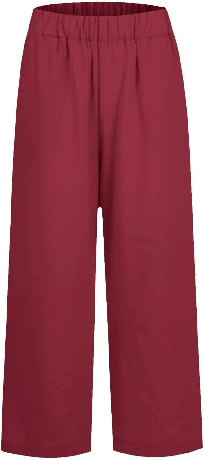 Womens Linen Cropped Pants High Waisted Summer Beach Pants Elastic Waist Tapered Pants Casual Ankle Length Trousers