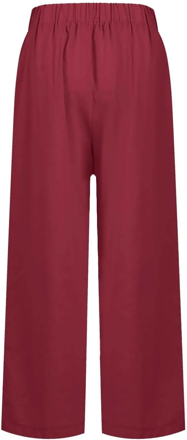 Womens Linen Cropped Pants High Waisted Summer Beach Pants Elastic Waist Tapered Pants Casual Ankle Length Trousers
