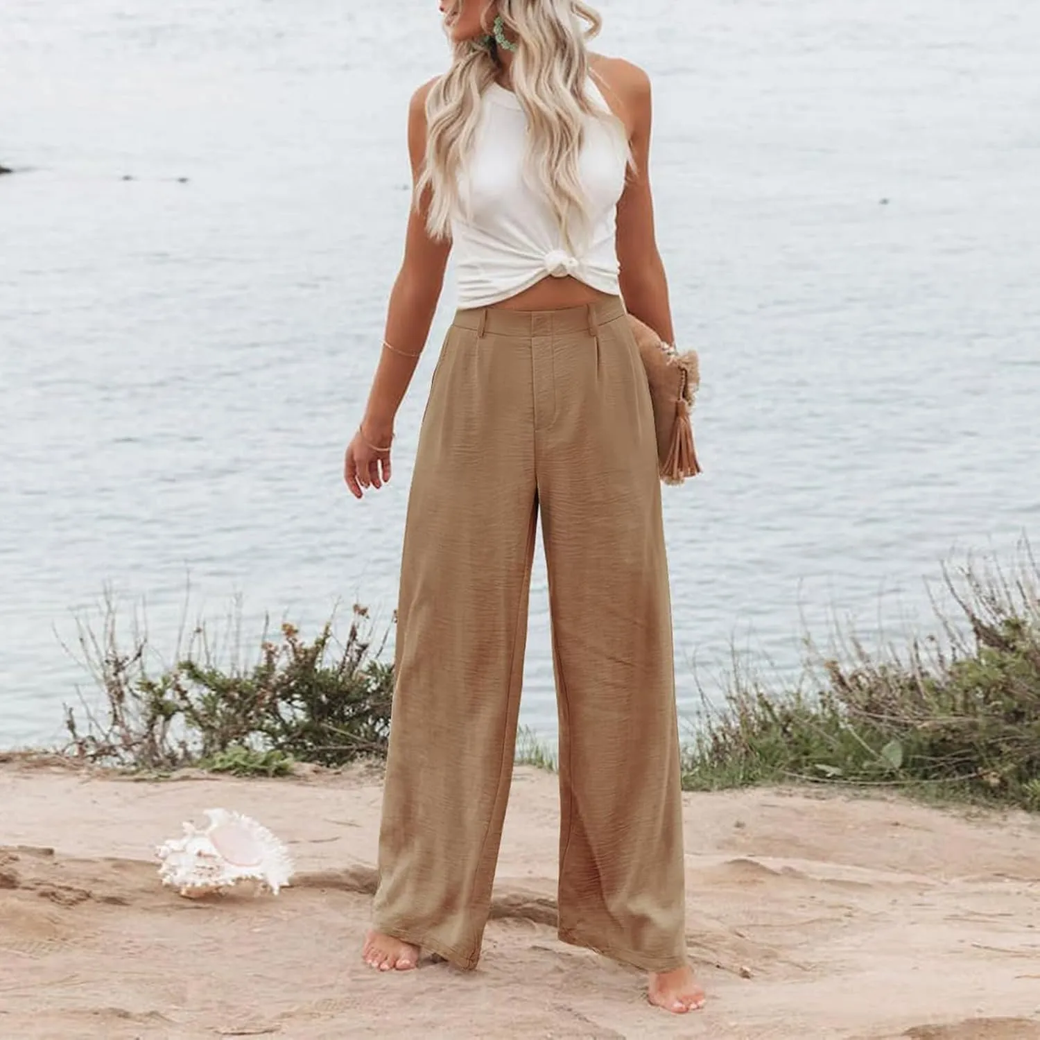 Women's Linen Pants Fashion Straight Leg High Waisted Dress Trousers Loose Casual Wide Leg Solid Color Vacation Pants