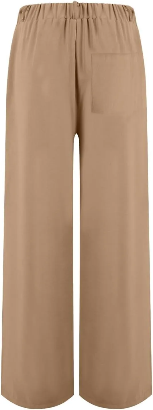 Women's Linen Pants Fashion Straight Leg High Waisted Dress Trousers Loose Casual Wide Leg Solid Color Vacation Pants