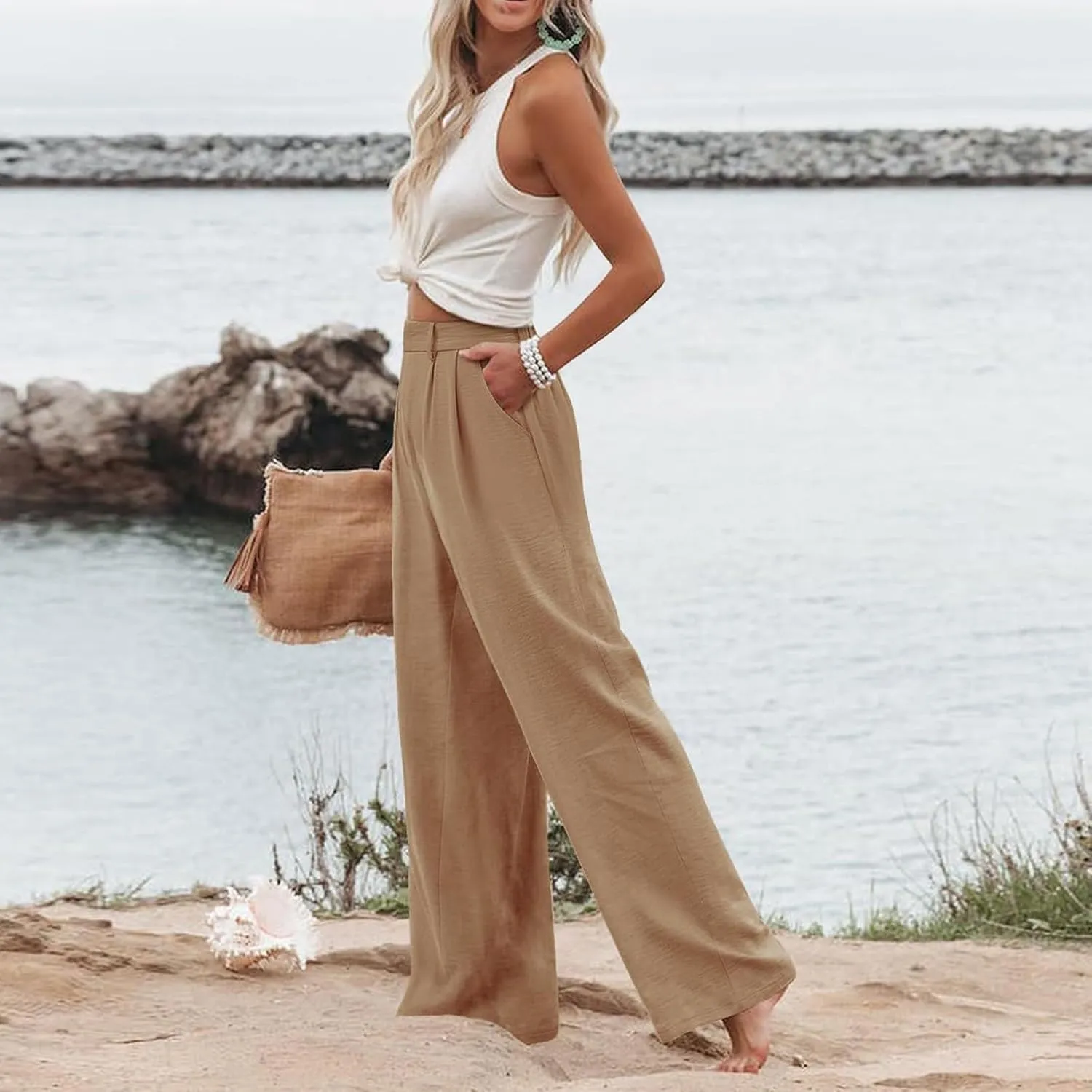 Women's Linen Pants Fashion Straight Leg High Waisted Dress Trousers Loose Casual Wide Leg Solid Color Vacation Pants
