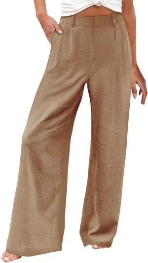Women's Linen Pants Fashion Straight Leg High Waisted Dress Trousers Loose Casual Wide Leg Solid Color Vacation Pants