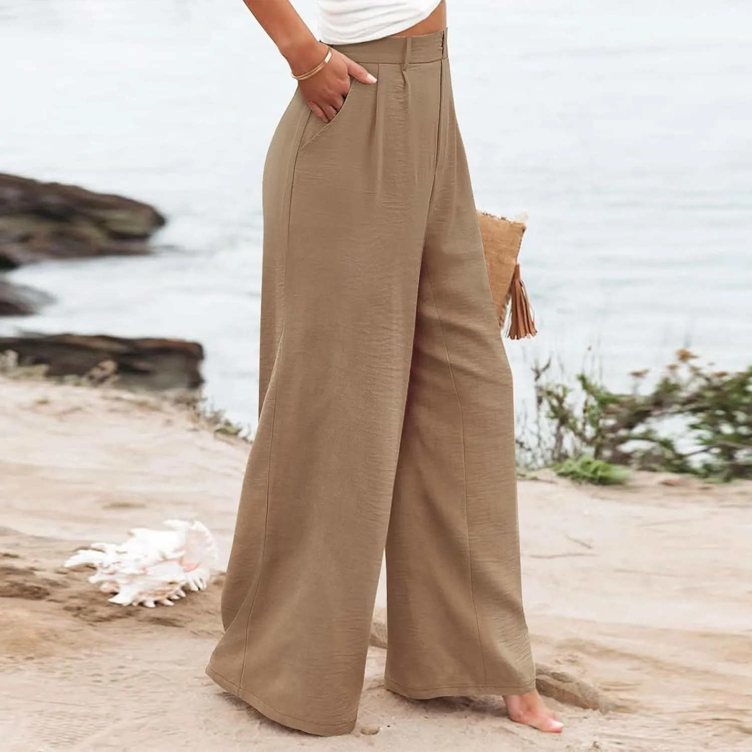 Women's Linen Pants Fashion Straight Leg High Waisted Dress Trousers Loose Casual Wide Leg Solid Color Vacation Pants