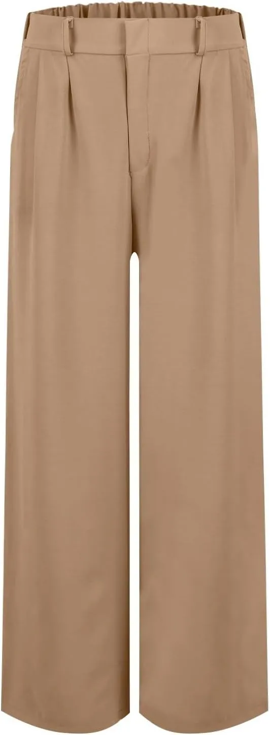 Women's Linen Pants Fashion Straight Leg High Waisted Dress Trousers Loose Casual Wide Leg Solid Color Vacation Pants