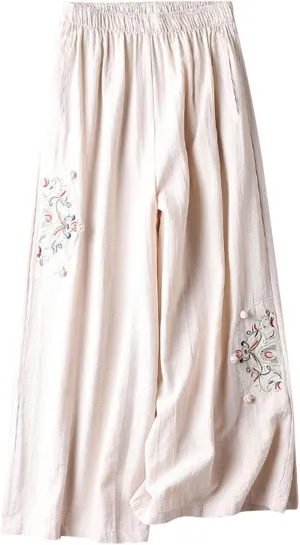 Womens Linen Pants Summer Casual Loose Beach Pants 2025 Vintage Embroidery Wide Leg Pants High Waist Palazzo Lounge