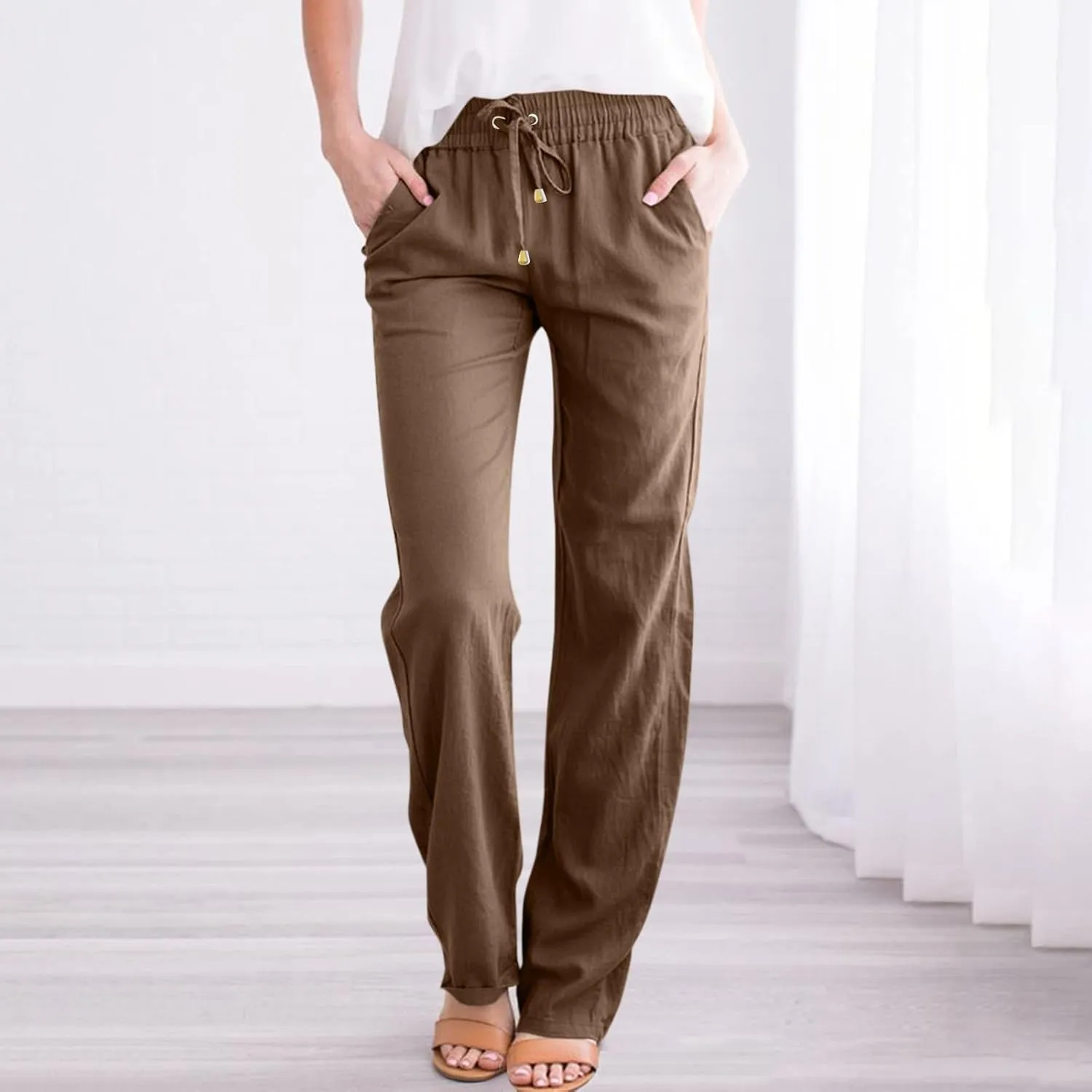 Women's Linen Pants Summer Loose Fit Straight Leg Lounge Pants with Pockets Drawstring Elastic Waist Trousers Pants
