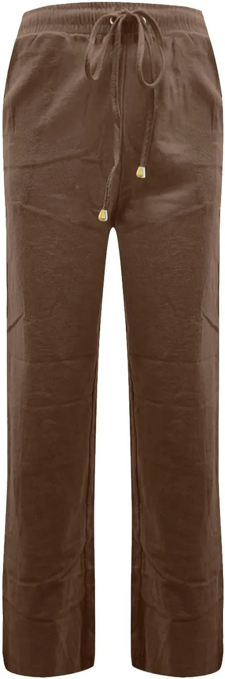 Women's Linen Pants Summer Loose Fit Straight Leg Lounge Pants with Pockets Drawstring Elastic Waist Trousers Pants