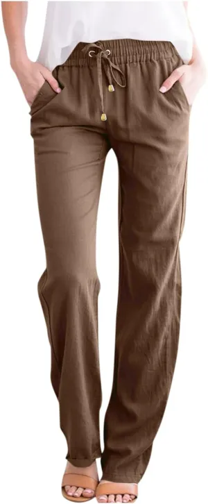Women's Linen Pants Summer Loose Fit Straight Leg Lounge Pants with Pockets Drawstring Elastic Waist Trousers Pants