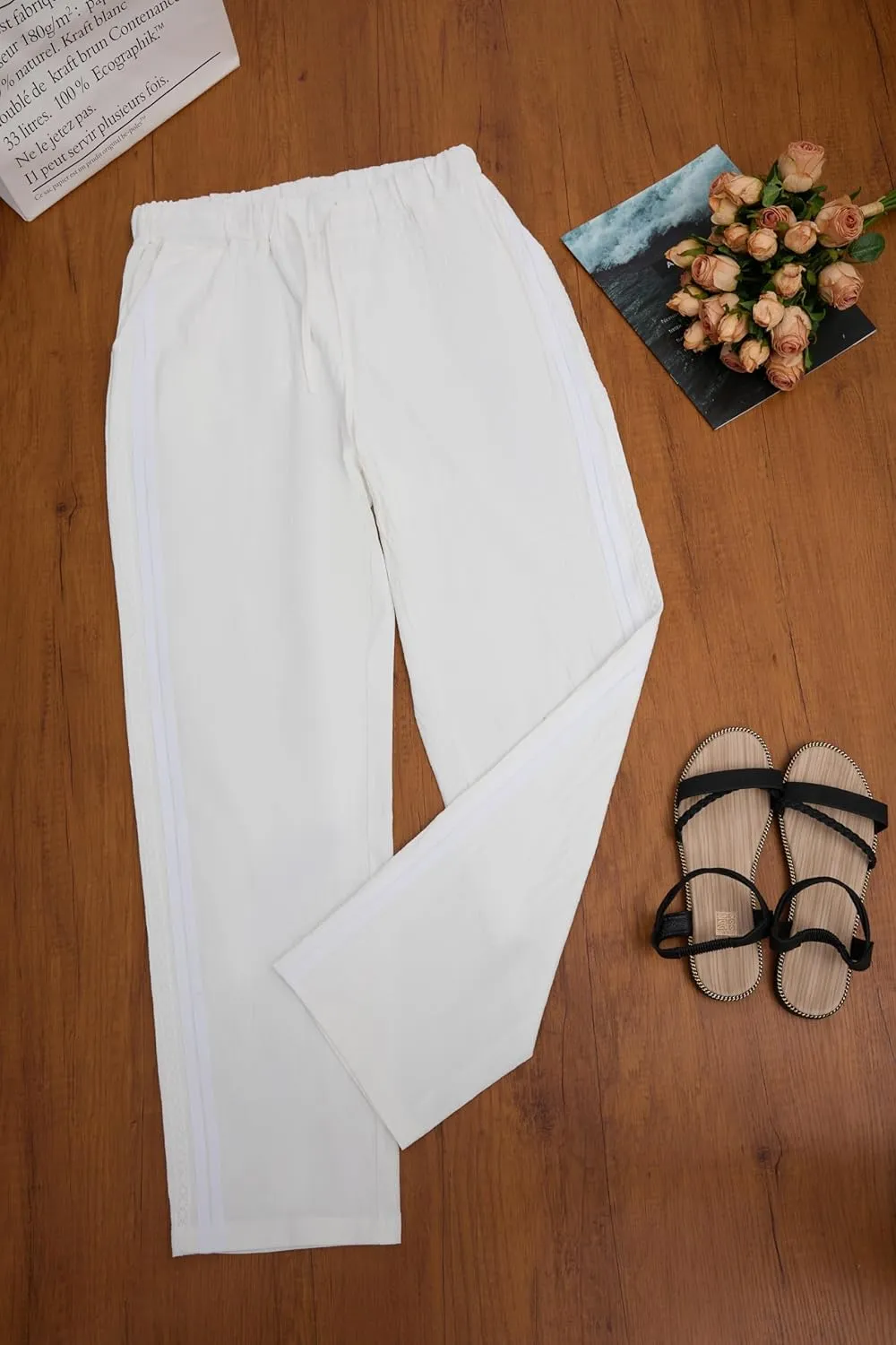 Womens Linen Pants Summer Plus Size Casual Cotton Linen Pants Drawstring Elastic Waist Cropped Trouser with Pockets