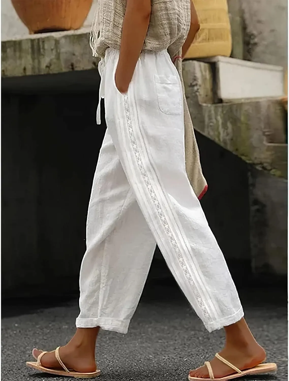 Womens Linen Pants Summer Plus Size Casual Cotton Linen Pants Drawstring Elastic Waist Cropped Trouser with Pockets