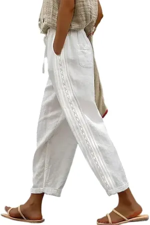 Womens Linen Pants Summer Plus Size Casual Cotton Linen Pants Drawstring Elastic Waist Cropped Trouser with Pockets