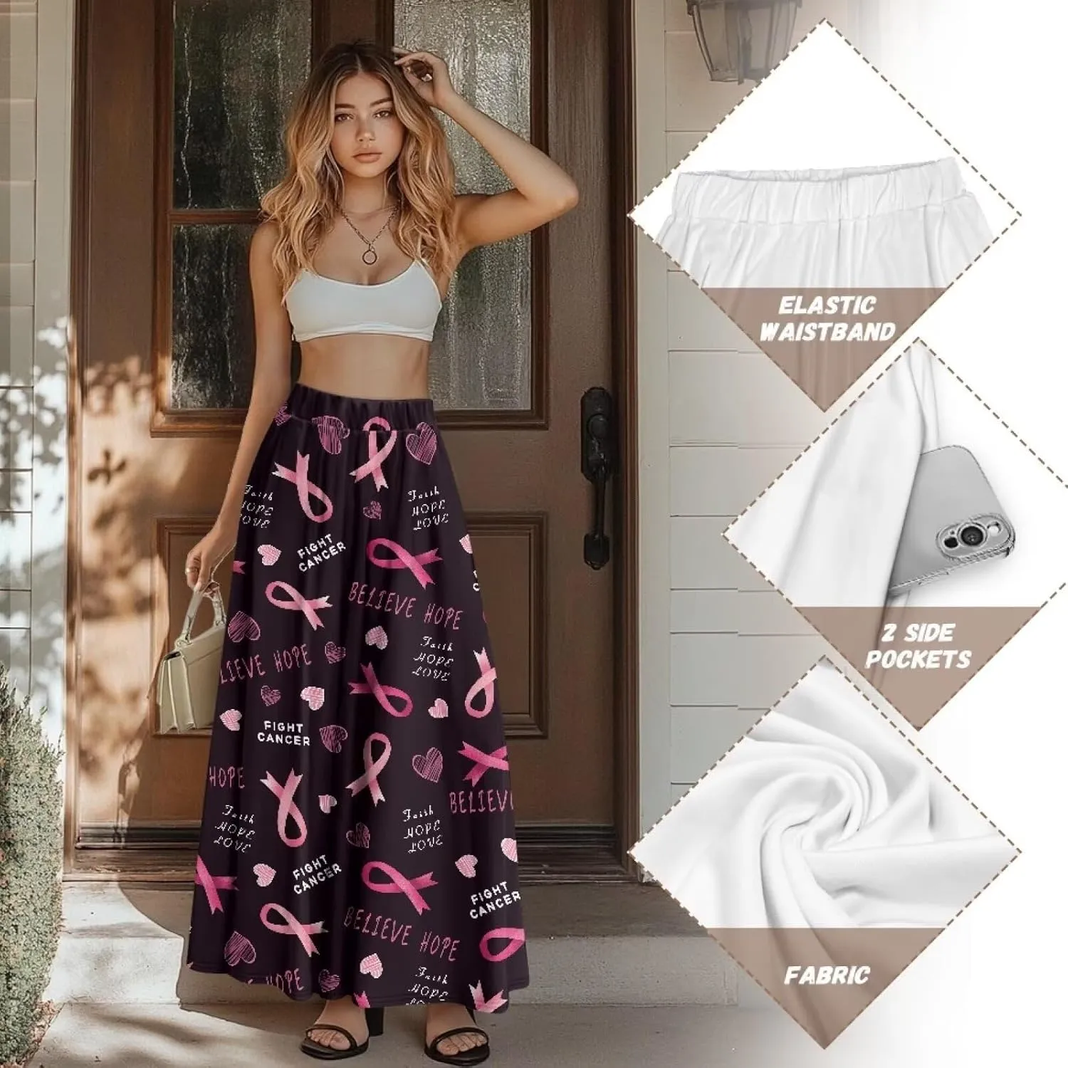 Women's Maxi Skirt Summer Pleated High Waisted Casual Long Skirts with Pockets S M L XL 2XL