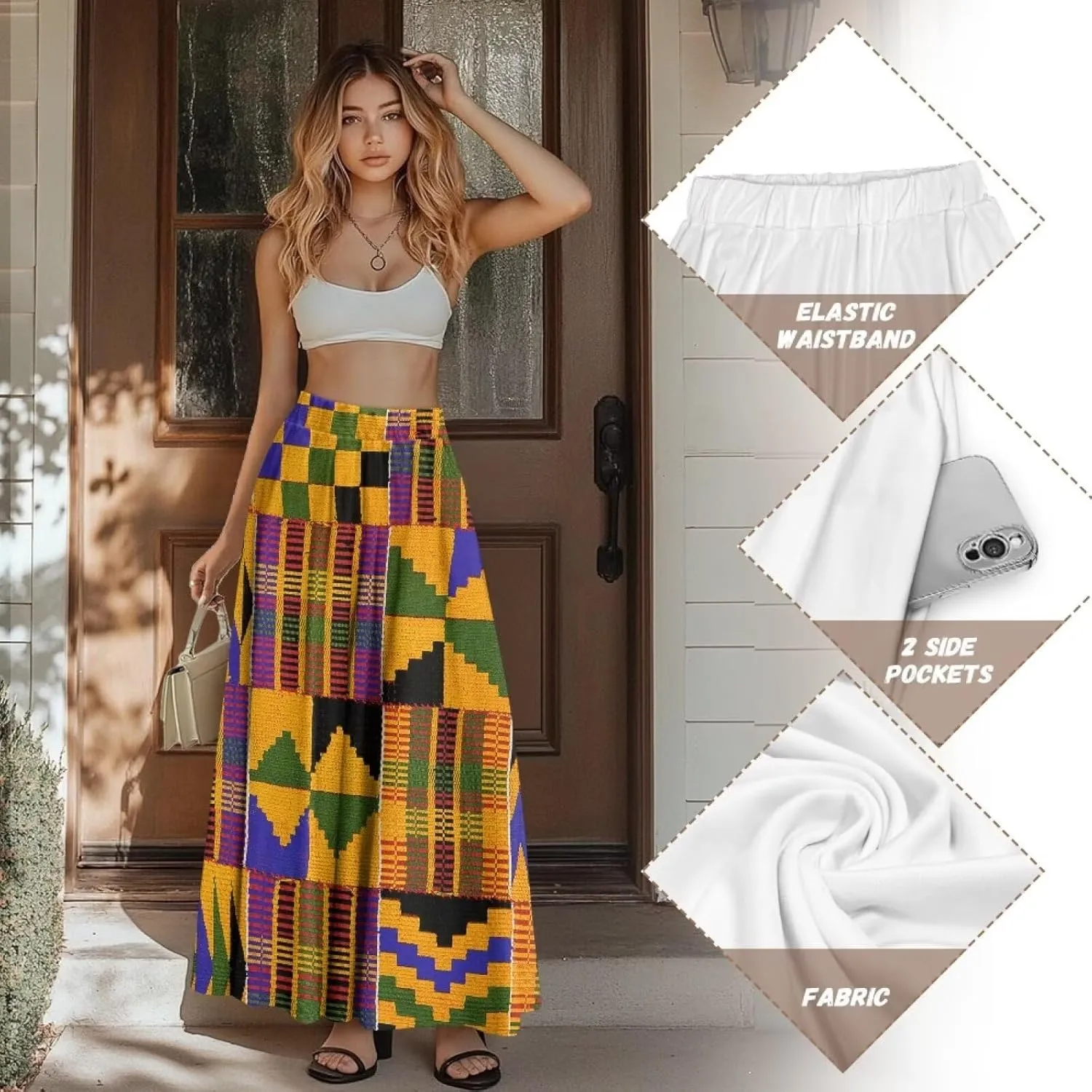 Women's Midi Skirt Elastic Pleated Long Skirts for Women Trendy with Pocket s-2xl