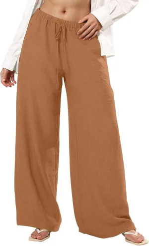 Women's Palazzo Linen Pants Elastic High Waisted Wide Leg Beach Pants Casual Summer Loose Flowy Trousers with Pockets
