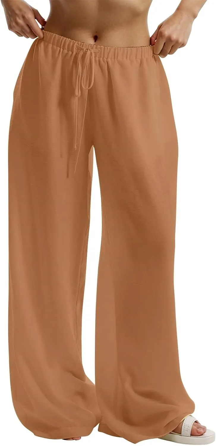 Women's Palazzo Linen Pants Elastic High Waisted Wide Leg Beach Pants Casual Summer Loose Flowy Trousers with Pockets