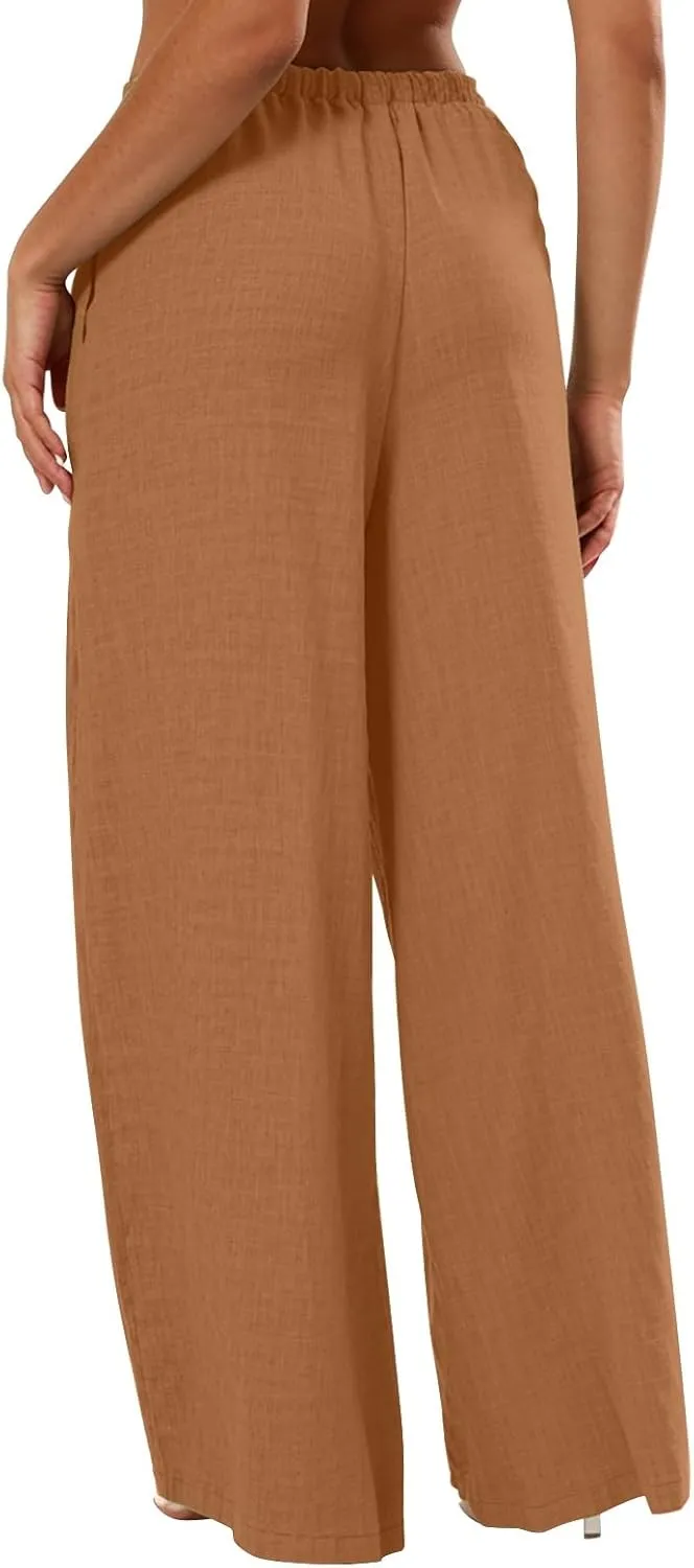 Women's Palazzo Linen Pants Elastic High Waisted Wide Leg Beach Pants Casual Summer Loose Flowy Trousers with Pockets