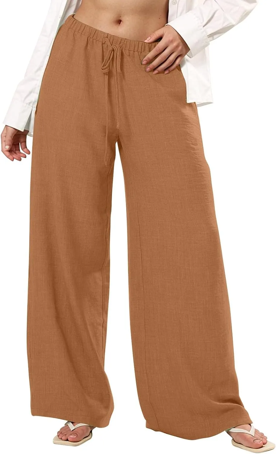 Women's Palazzo Linen Pants Elastic High Waisted Wide Leg Beach Pants Casual Summer Loose Flowy Trousers with Pockets