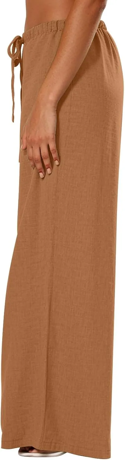Women's Palazzo Linen Pants Elastic High Waisted Wide Leg Beach Pants Casual Summer Loose Flowy Trousers with Pockets