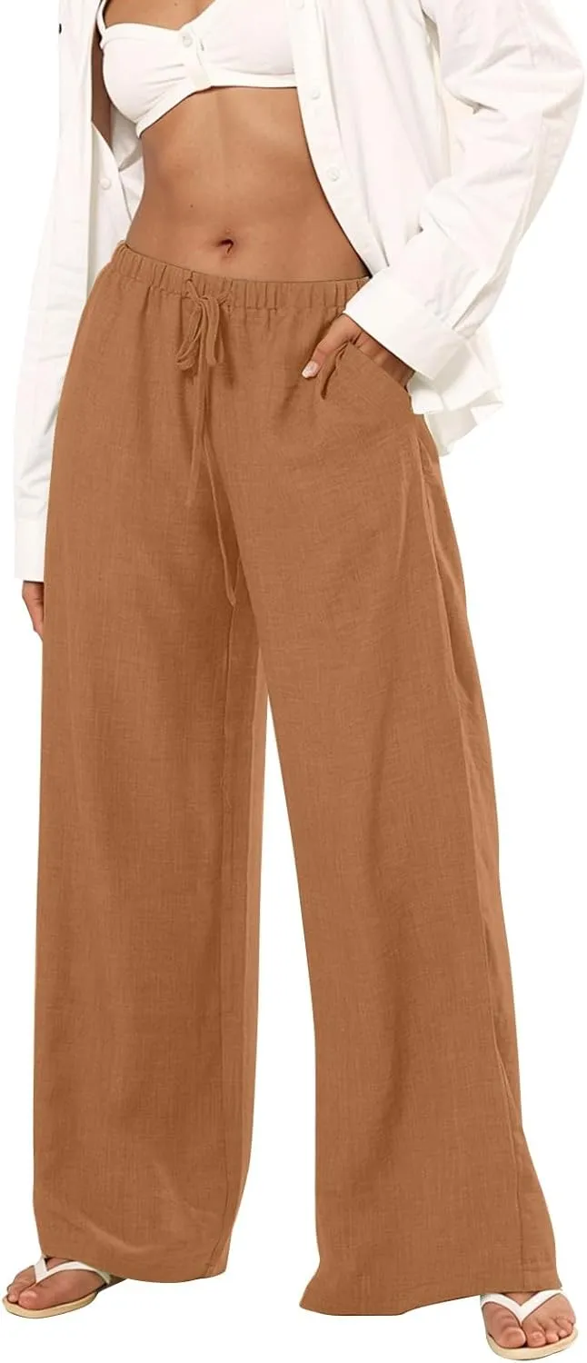 Women's Palazzo Linen Pants Elastic High Waisted Wide Leg Beach Pants Casual Summer Loose Flowy Trousers with Pockets