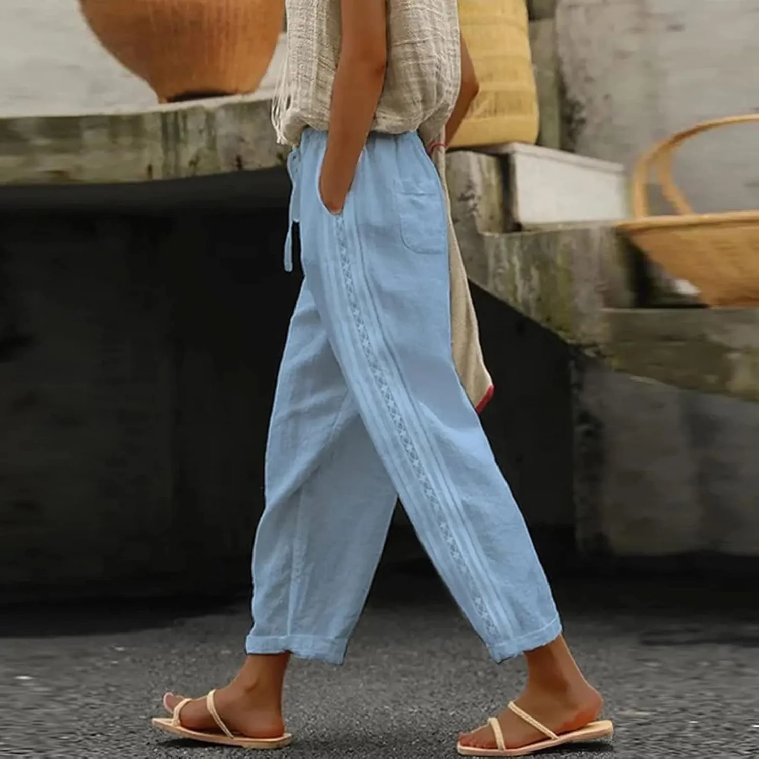 Womens Pants, Casual Pants Peasant Linen Straight Leg Drawstring Plaid 2025 Loose