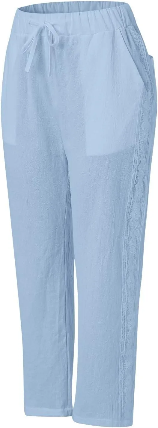 Womens Pants, Casual Pants Peasant Linen Straight Leg Drawstring Plaid 2025 Loose