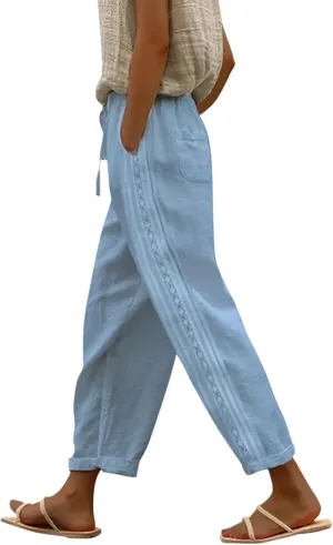 Womens Pants, Casual Pants Peasant Linen Straight Leg Drawstring Plaid 2025 Loose