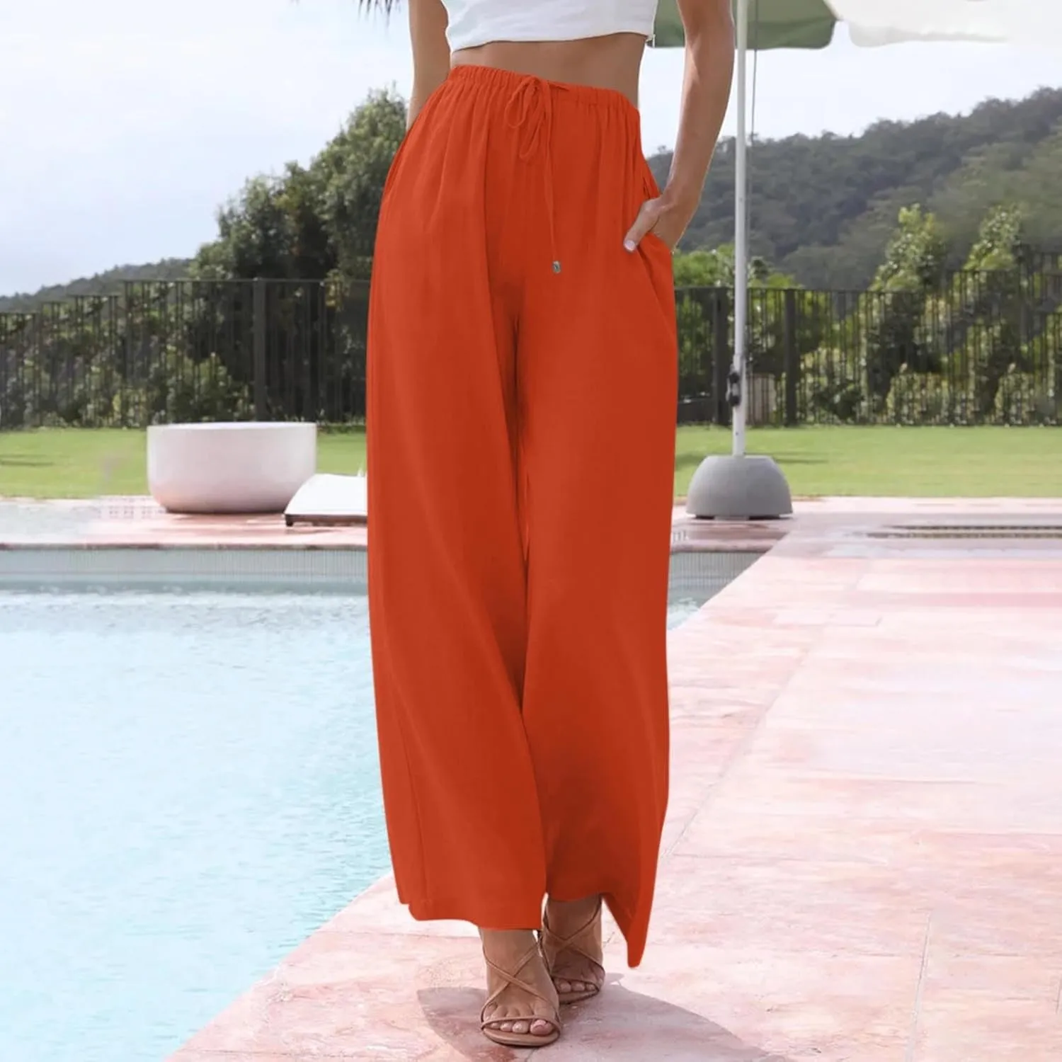 Women's Pants, Linen Pants Wide Leg Straight High Waisted Cotton Summer Lounge
