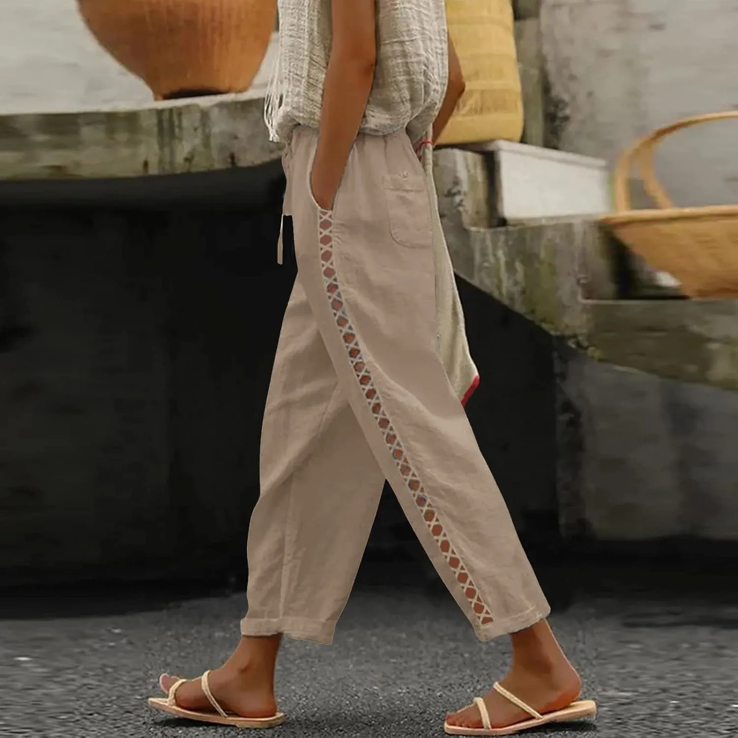 Women's Pants, Linen Straight Leg WomenS Casual Pants Peasant Drawstring Baggy Trousers