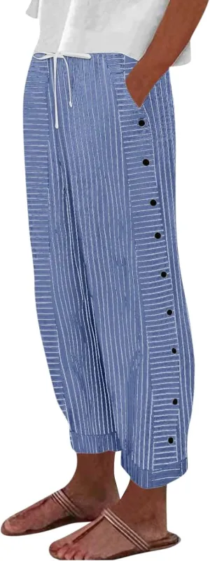 Womens Pants, Straight Leg Peasant Pants 2025 Casual Linen Stripe Wide Cotton