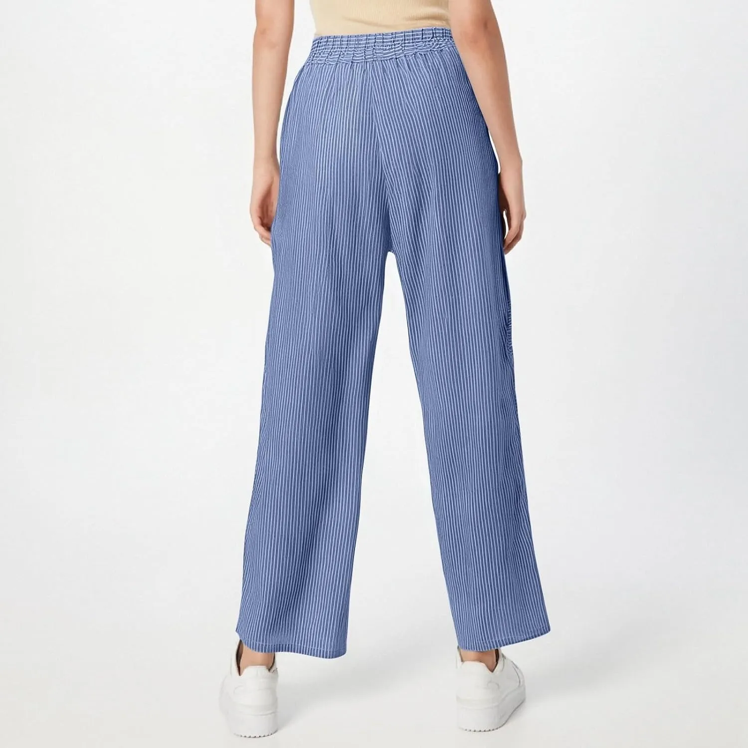Womens Pants, Straight Leg Peasant Pants 2025 Casual Linen Stripe Wide Cotton