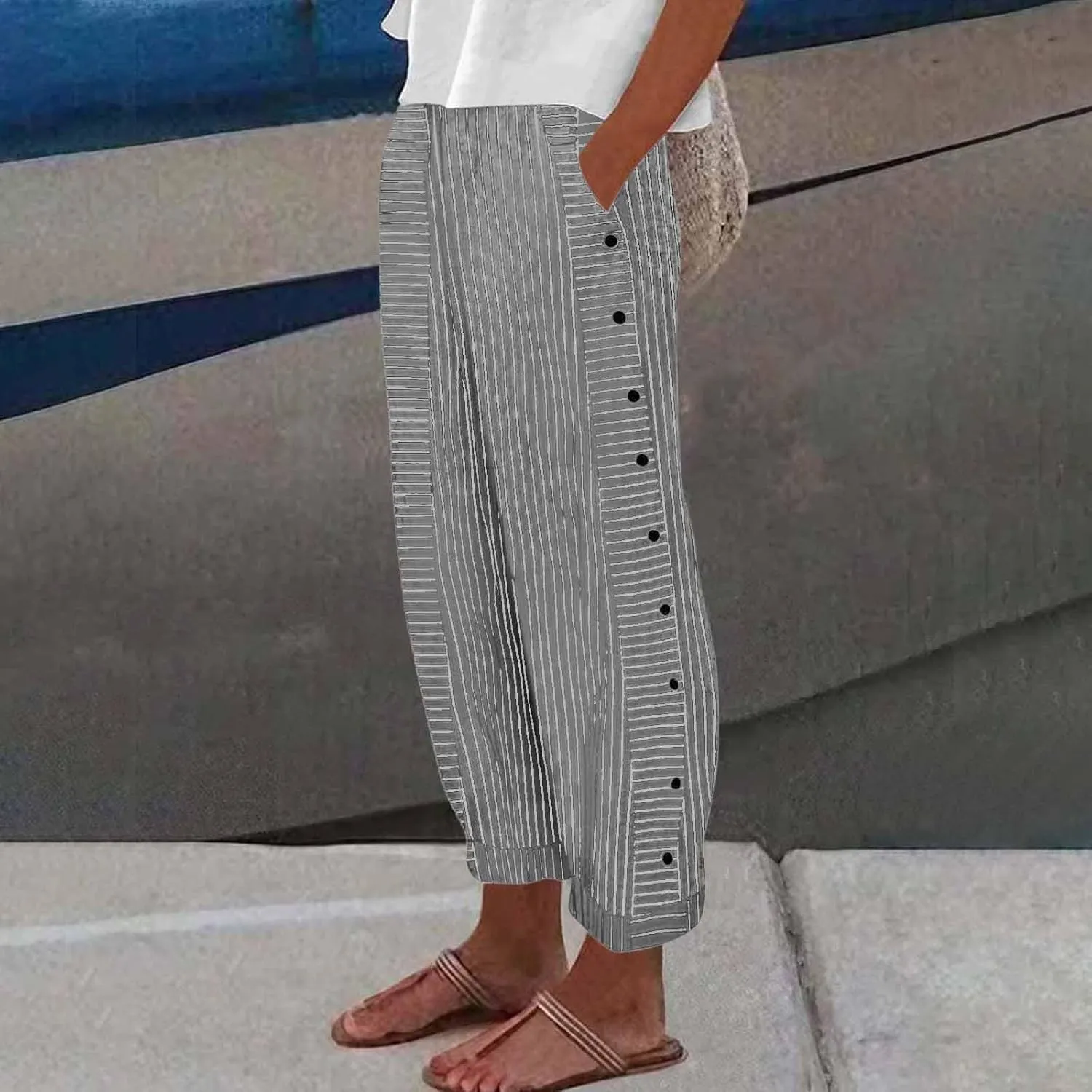 Womens Pants, Straight Leg Peasant Pants 2025 Casual Linen Stripe Wide Cotton