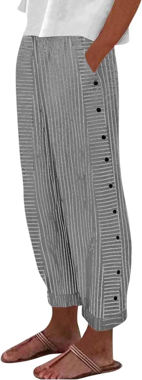 Womens Pants, Straight Leg Peasant Pants 2025 Casual Linen Stripe Wide Cotton