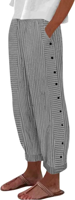 Womens Pants, Straight Leg Peasant Pants 2025 Casual Linen Stripe Wide Cotton