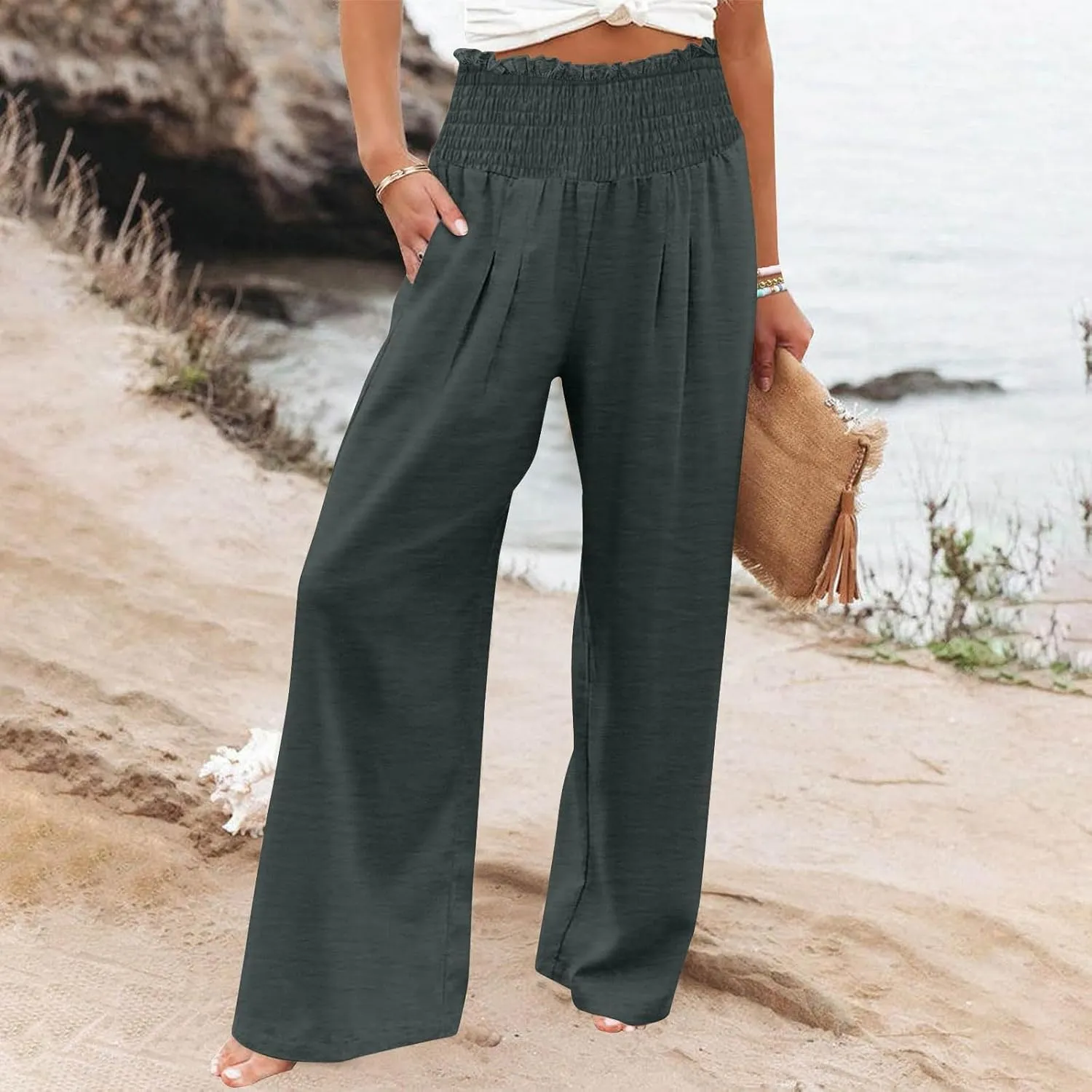 Women's Pants Summer High Waisted Wide Leg Trousers Loose Cotton Linen Palazzo Pant Casual Slacks Vacation Outfits
