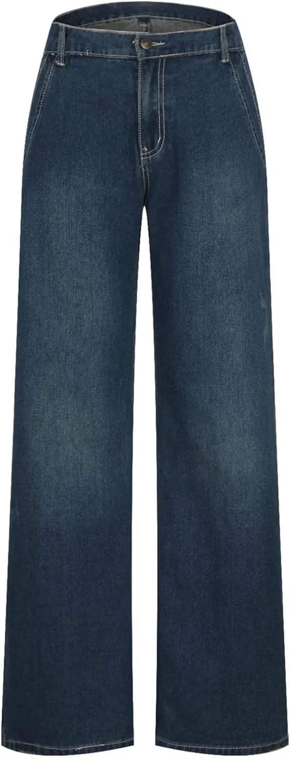 Women's Plus Size Flare Jeans Vintage High Waisted Baggy Wide Leg Denim Pants Straight Leg Pull On Jeans Pockets