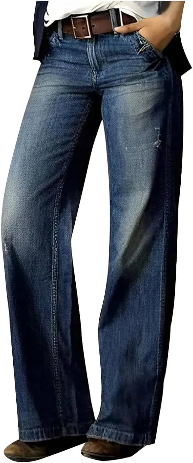 Women's Plus Size Flare Jeans Vintage High Waisted Baggy Wide Leg Denim Pants Straight Leg Pull On Jeans Pockets