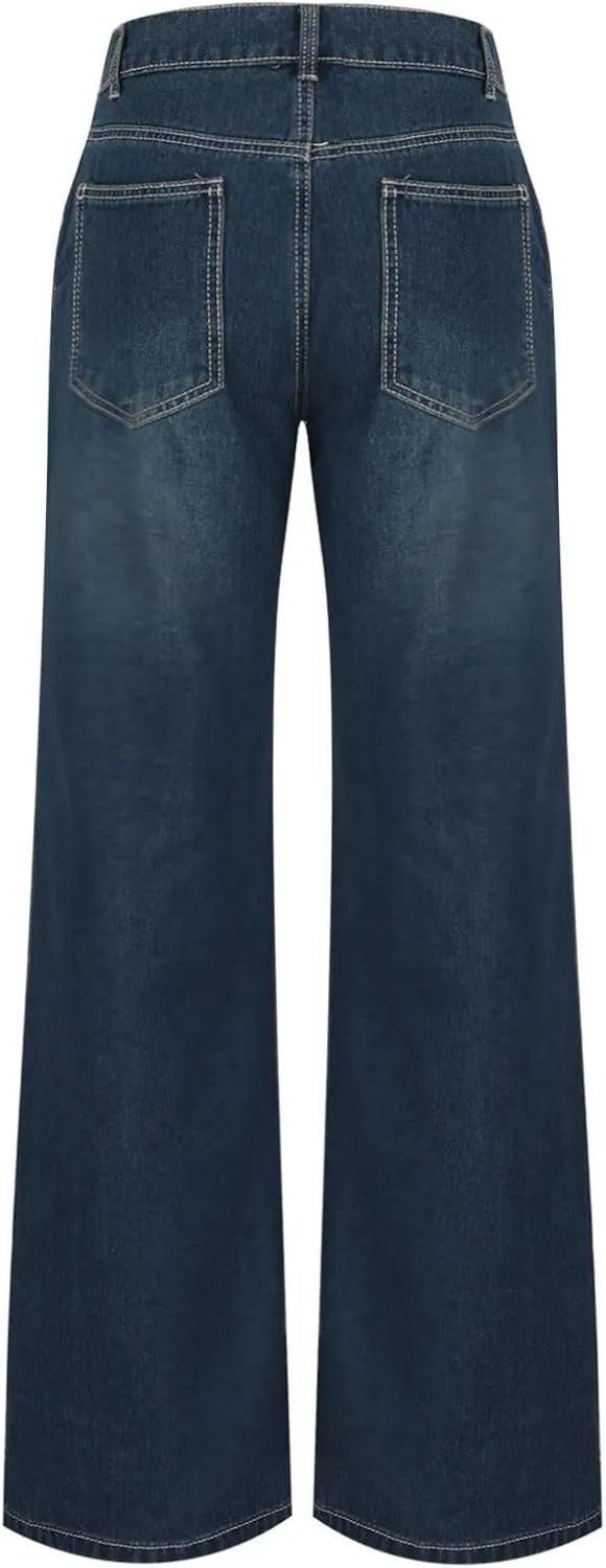 Women's Plus Size Flare Jeans Vintage High Waisted Baggy Wide Leg Denim Pants Straight Leg Pull On Jeans Pockets