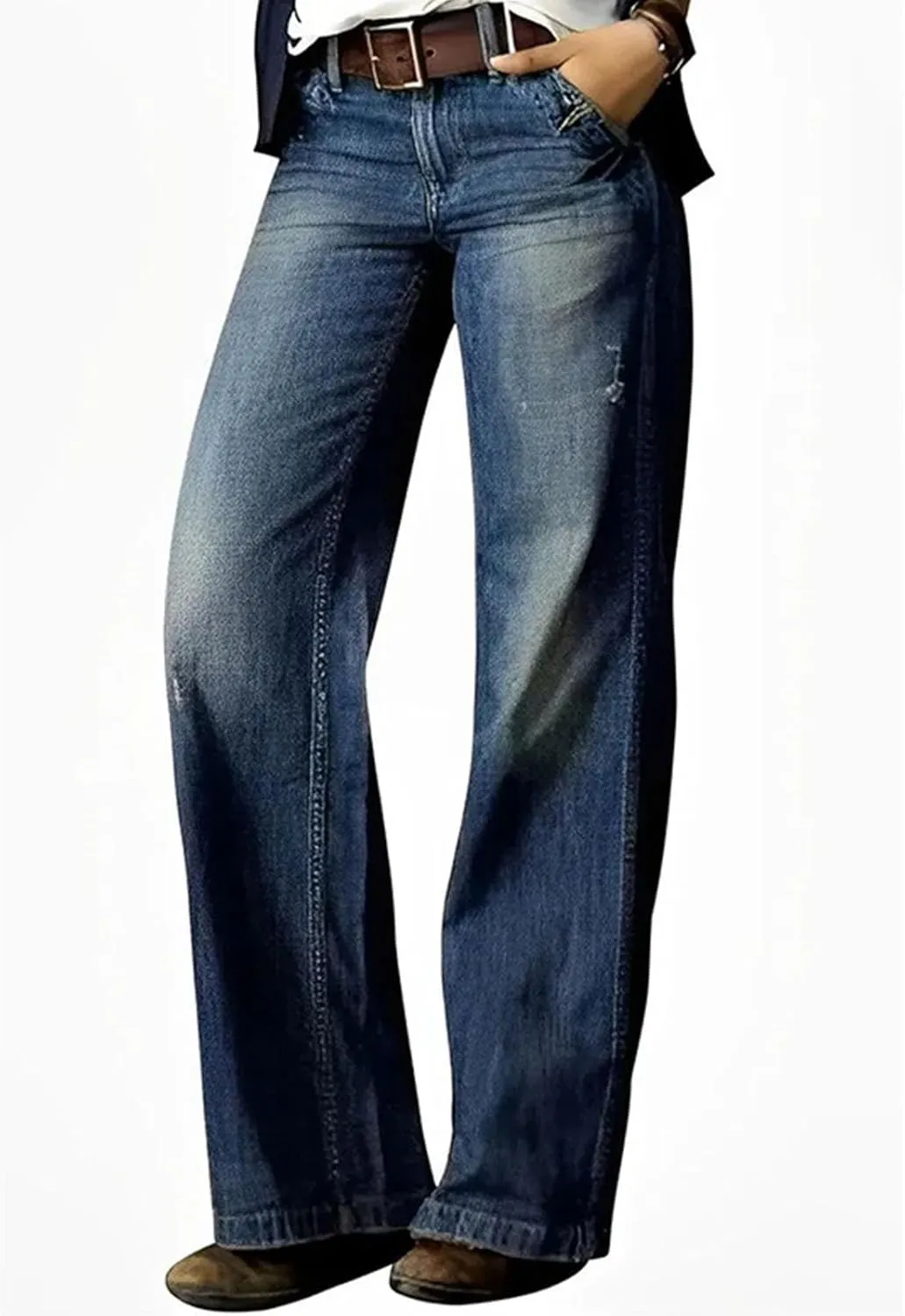 Women's Plus Size Flare Jeans Vintage High Waisted Baggy Wide Leg Denim Pants Straight Leg Pull On Jeans Pockets