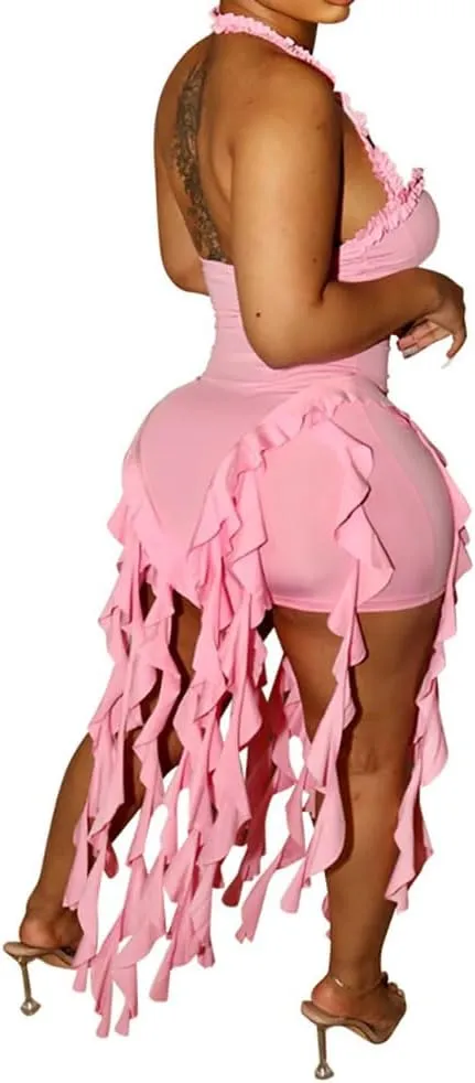 Women's Sexy Fringe Ruffle Halter Neck Off Shoulder Bodycon Blackless Ruched Tassel Hem Mini Flowy Dress