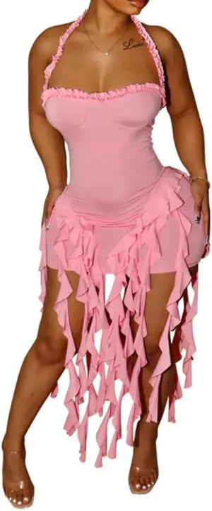 Women's Sexy Fringe Ruffle Halter Neck Off Shoulder Bodycon Blackless Ruched Tassel Hem Mini Flowy Dress